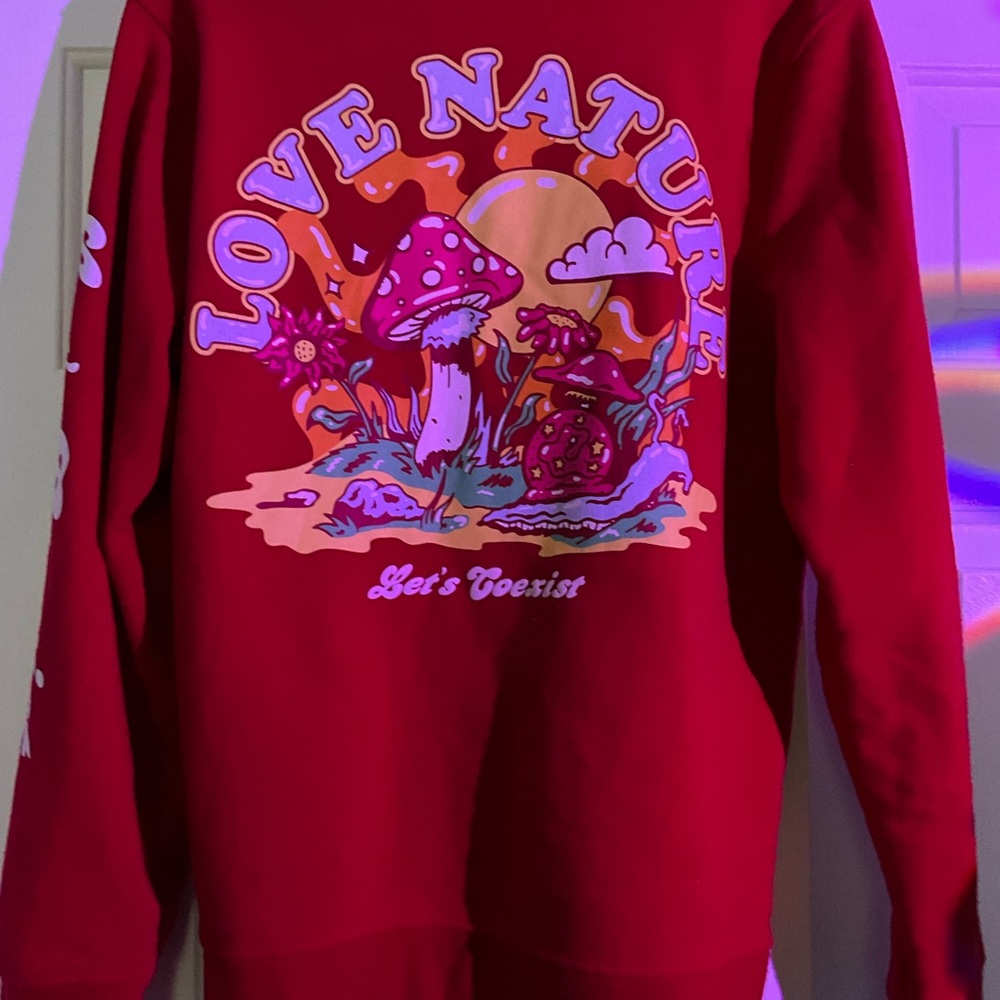 Red Graphic Sweatshirt with Mushroom Design